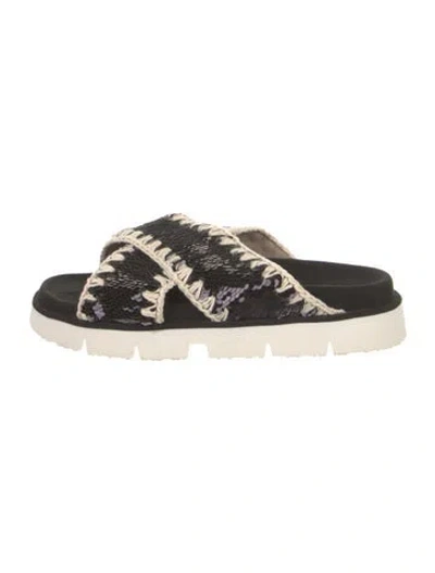 Pre-owned Mou Sequins Colorblock Pattern Slides In Black