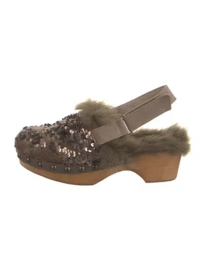 Pre-owned Mou Sequins Fur Trim Slingback Pumps In Brown