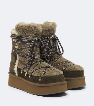 Mou Shearling And Suede Ankle Boots In Green