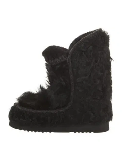 Pre-owned Mou Shearling Crochet Trim Lace-up Boots In Black