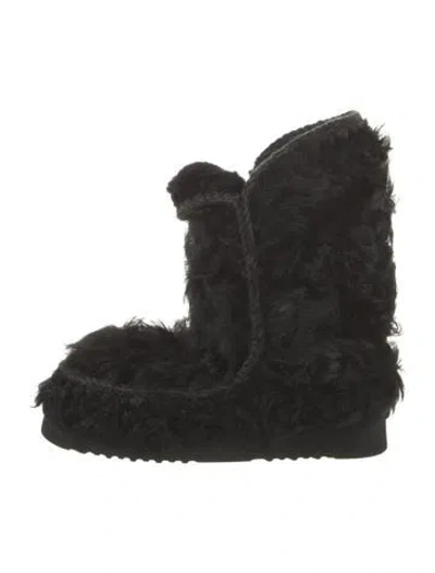 Pre-owned Mou Shearling Crochet Trim Lace-up Boots In Black