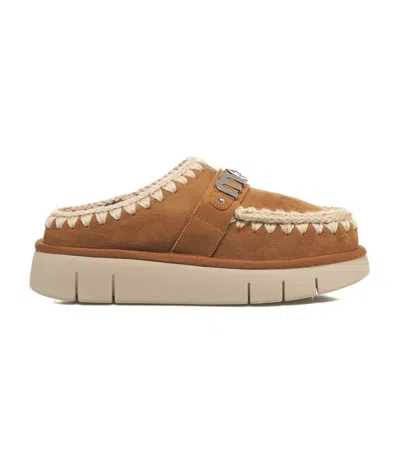 Mou Bounce Beige Mules With Logo Lettering And Open Rear In Leather Woman In Brown