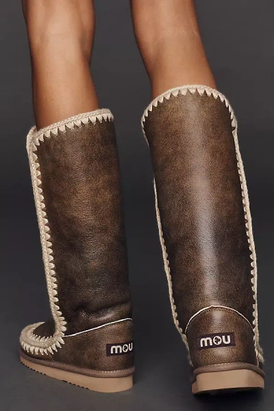Mou Stitched Detail Sheepskin Tall Boots In Brown