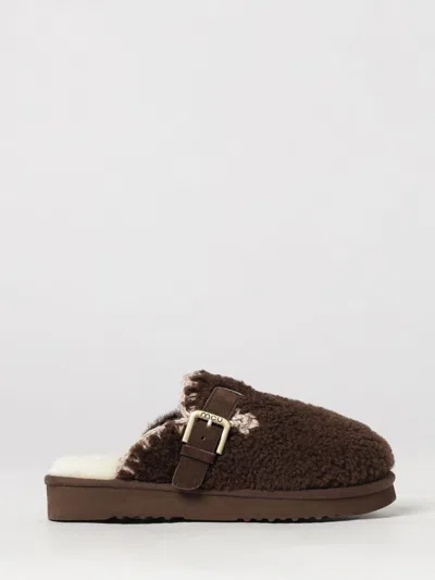 Mou Suede And Shearling Mules With Wool Lining And Adjustable Strap In Brown