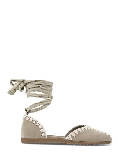 Mou Suede Ballerina Sandals With Intricate Lace Detailing In Pink