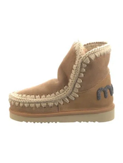 Pre-owned Mou Suede Crochet Trim Boots In Neutral