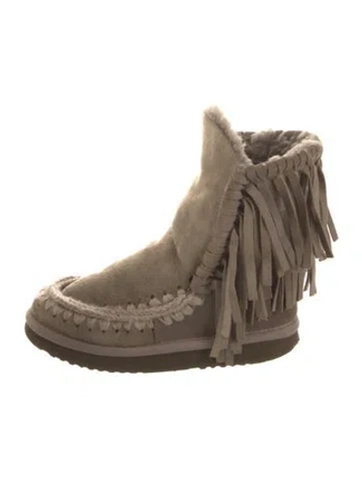 Pre-owned Mou Suede Fringe Trim Accent Boots In Neutral
