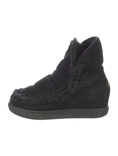 Pre-owned Mou Suede Fur Trim Combat Boots In Black