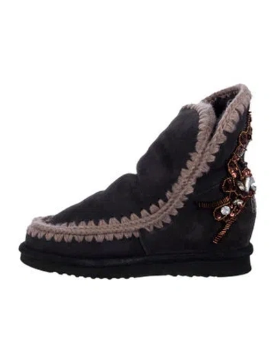 Pre-owned Mou Suede Patterned Combat Boots In Black