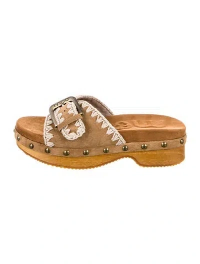 Pre-owned Mou Suede Printed Slides In Brown
