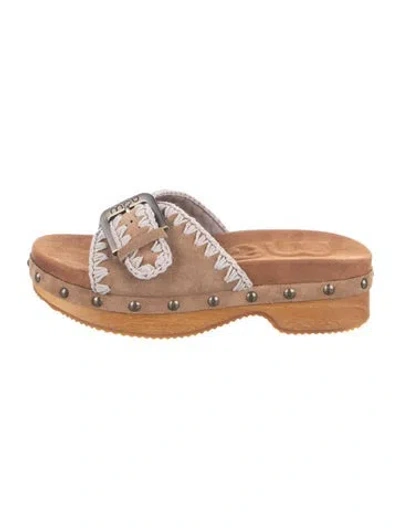 Pre-owned Mou Suede Printed Slides In Brown