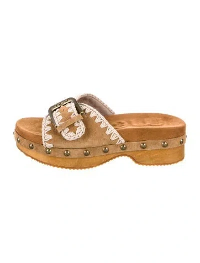 Pre-owned Mou Suede Printed Slides In Brown