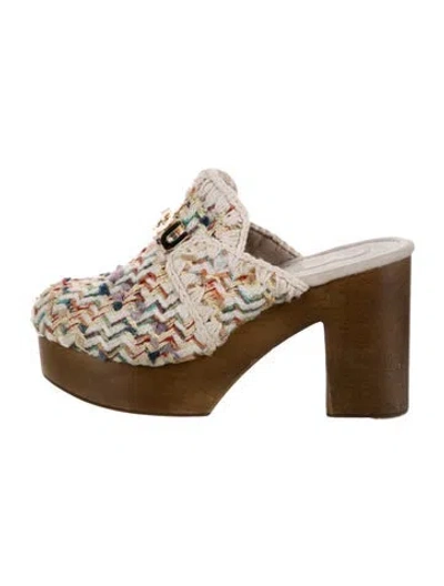 Pre-owned Mou Tweed Pattern Mules In Gold