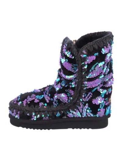 Pre-owned Mou Velvet Patterned Combat Boots In Blue