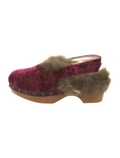 Pre-owned Mou Velvet Patterned Mules In Burgundy