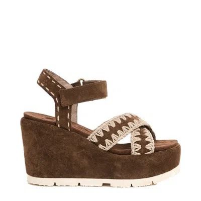 Mou Wedge Sandal With Crisscross Strap In Brown