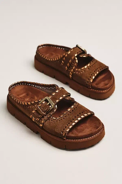 Mou Whipstitch Cutout Slide Sandals In Brown