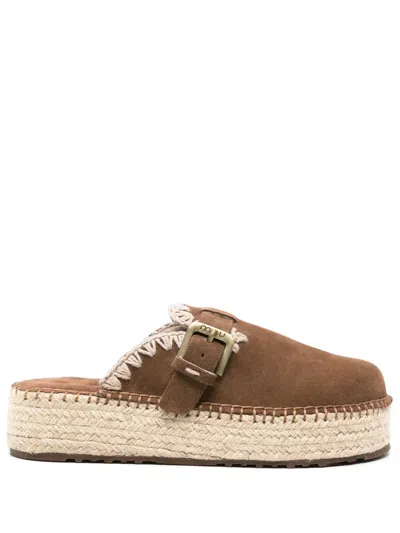 Mou Whipstitch-trim Flatform Mules In Brown