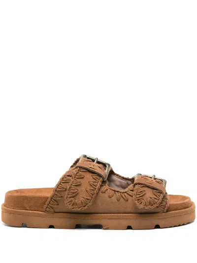 Mou Slip-on Sandals With Decorative Buckles In Brown