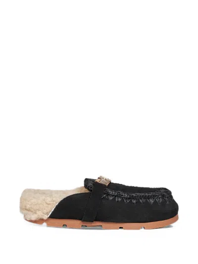 Mou Winter Bio Crochet-stitch Sheepskin Flat Mules In Black
