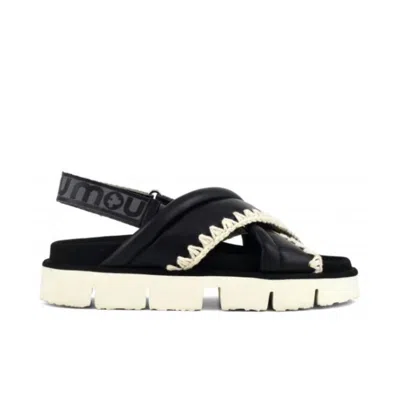 Mou Women's Bio Criss-cross Leather Sandals In Black In Animal Print