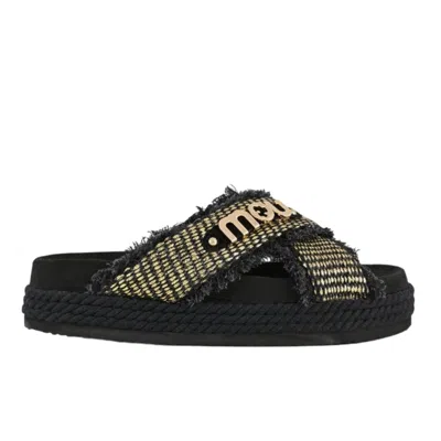 Mou Women's Slippers  - Criss-cross Rope Raffia Sandal - Black