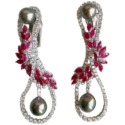 Pre-owned Mouawad Dangle Earrings 6 Carats Diamonds And 11 Carats Rubies In Multi