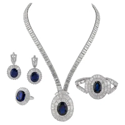 Pre-owned Mouawad Platinum Sapphire & Baguette Diamond Parure, 5 Pieces In Blue