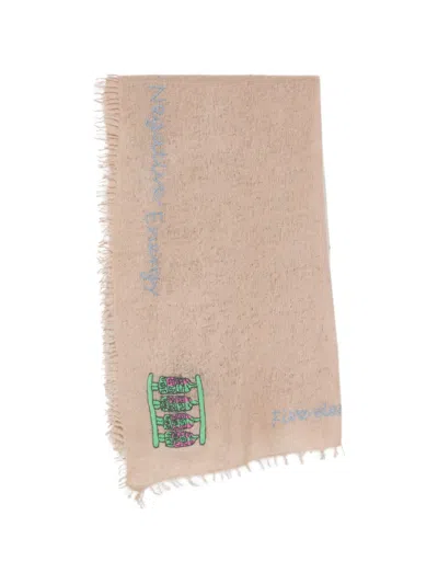 Mouleta Embroidered Frayed-edge Scarf In Brown