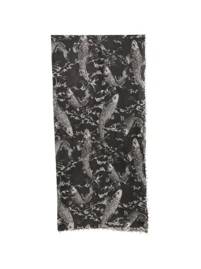 Mouleta Fish-print Frayed Scarf In Black