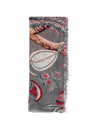 Mouleta Floral-print Frayed Scarf In Gray