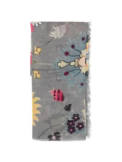 Mouleta Floral-print Frayed Scarf In Gray