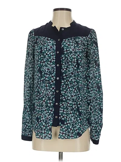 Pre-owned Moulinette Soeurs Long Sleeve Silk Top Teal Floral Pattern Collared Neckline Tops