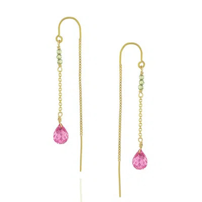 Mounir London Women's Green / Pink Beaded Briolette Threader Earrings In Gold