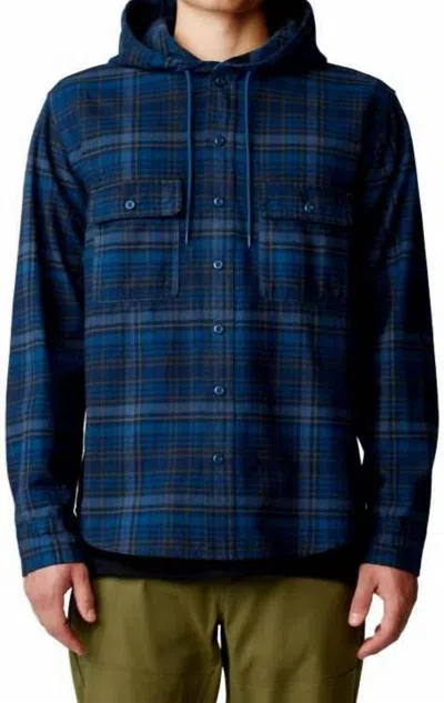 Mountain Hardwear Dusk Creek Long Sleeve Hooded Shirt In Dark Caspian Bowline Plaid In Blue