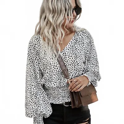 Mountain Valley Leopard V-neck Smocked Long Sleeve Blouse In White With Black