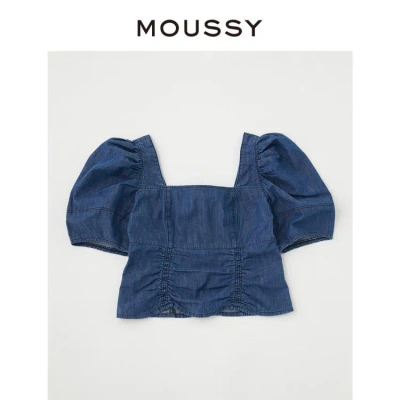 Moussy 春季新品日系甜美泡泡袖方领短袖衬衫010gsa11-0650 In Blue