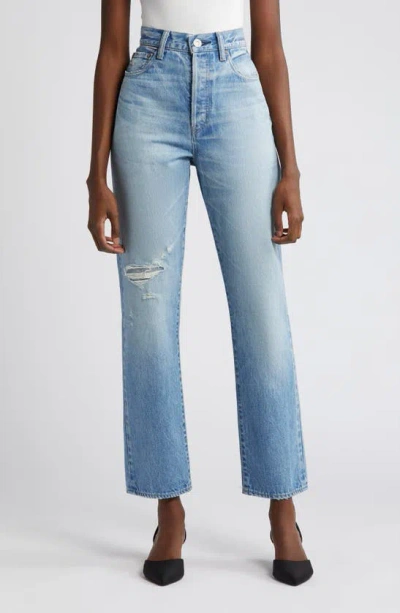 Moussy Cliffdale Ripped High Waist Straight Leg Jeans In Light Blue