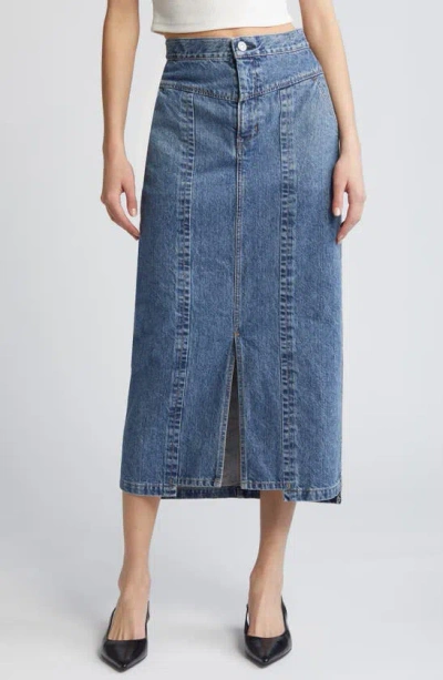 Moussy Clovernook High Waist Denim Midi Skirt In Blue