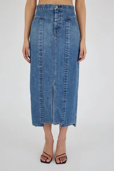Moussy Clovernook High Waist Denim Midi Skirt In Blue