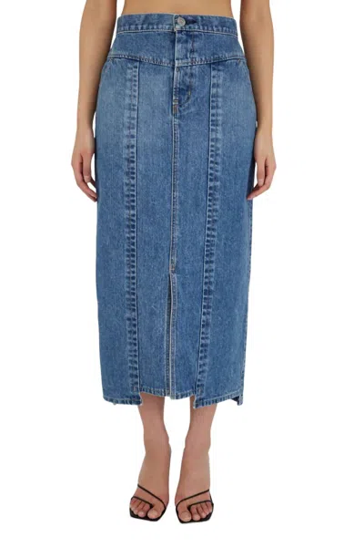 Moussy Clovernook High Waist Denim Midi Skirt In Blue