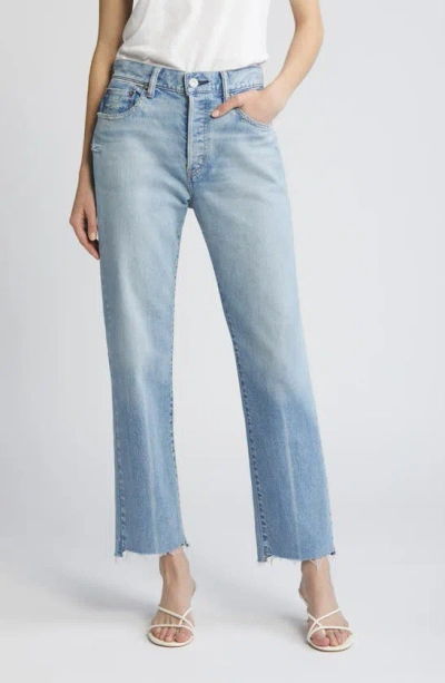 Moussy Cumberland High Waist Step Raw Hem Straight Leg Jeans In Light Blue