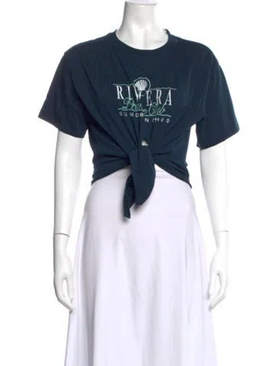 Pre-owned Moussy Graphic Print Crew Neck Crop Top In Blue