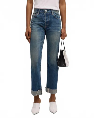 Moussy Hopewell High Waist Cuffed Raw Hem Straight Leg Jeans In Dark Blue