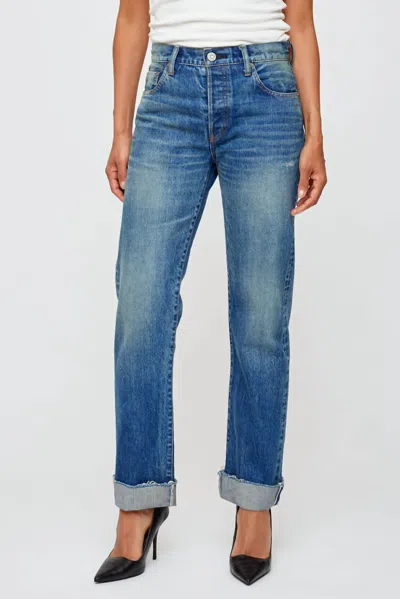 Moussy Hopewell High Waist Cuffed Raw Hem Straight Leg Jeans In Dark Blue