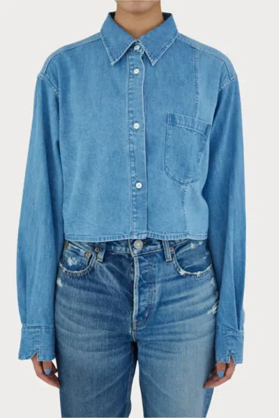 Moussy Lenfred Cropped Blocking Shirt In Light Blue