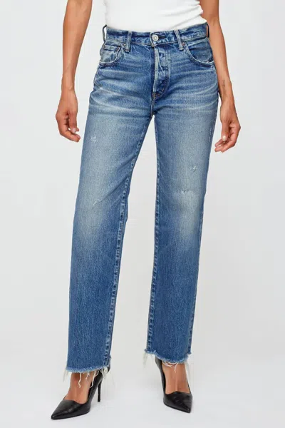 Moussy Hopewell High Waist Cuffed Raw Hem Straight Leg Jeans In Dark Blue