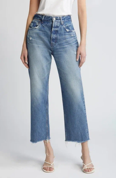 Moussy Peccole Frayed High Waist Ankle Relaxed Straight Leg Jeans In Dark Blue