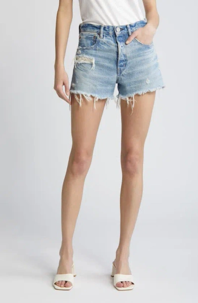 Moussy Ridgemere High Waist Ripped Denim Cutoff Shorts In Light Blue