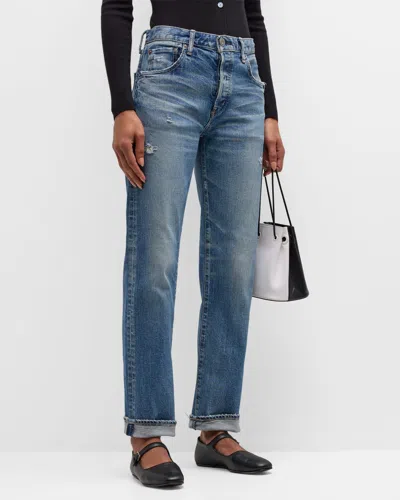 Moussy Vintage Bradenton Straight Cuffed Jeans In Blu